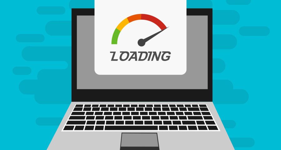 An illustration of a laptop with a window open. Displayed on the window is a speed gage ranging from green to red with "loading" written on the bottom. This is meant to represent page speed.