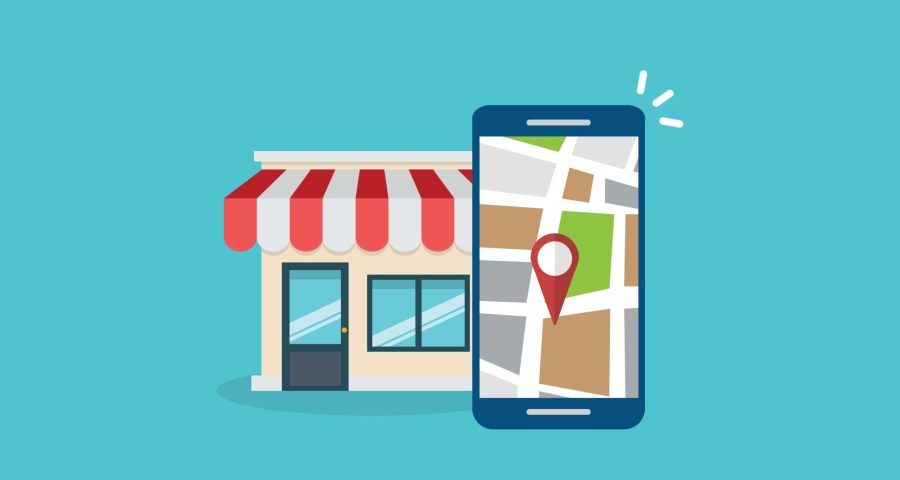 local store graphic with phone pin pointed on store location with blue background