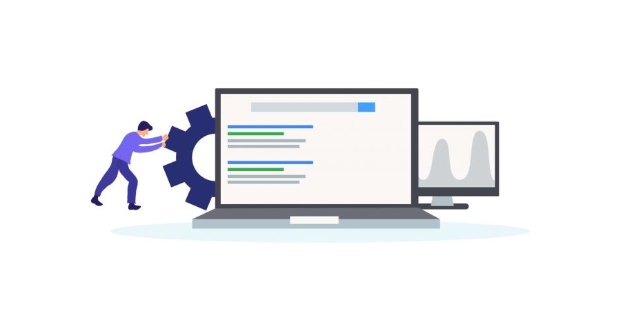 A drawing of a search results page on a laptop, with a smaller screen to the right and a person pushing a large gear to the left. This is meant to represent a search engine results page.