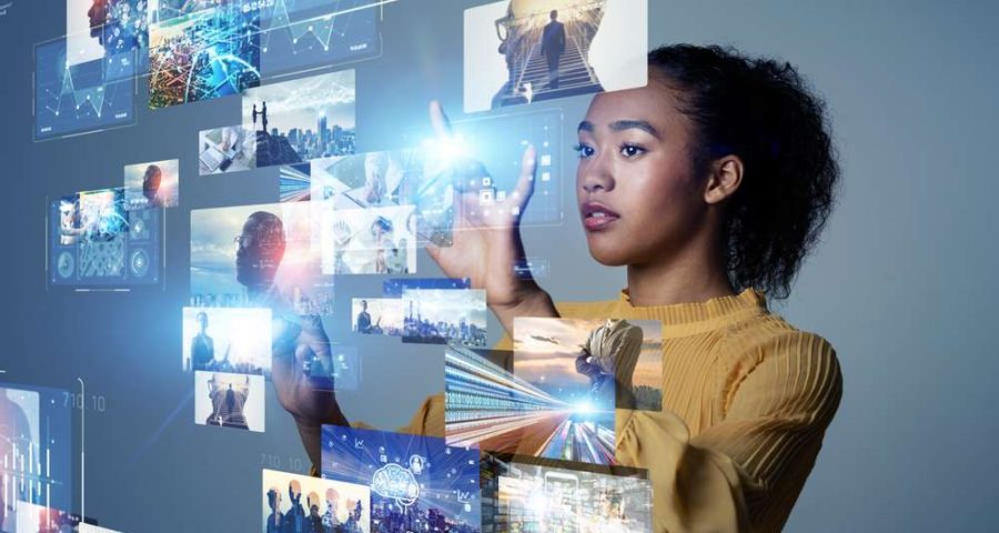 women looking at different online images