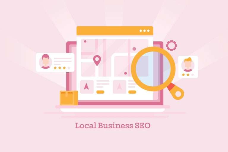 An illustration of a web browser with maps and magnifying glasses meant to emphasize local business SEO
