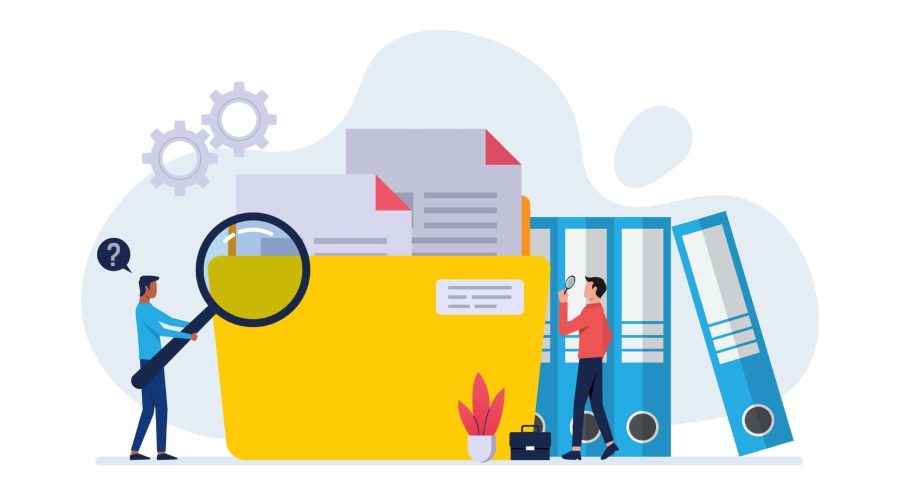 An illustration of workers searching a giant folder and books, meant to represent website indexing