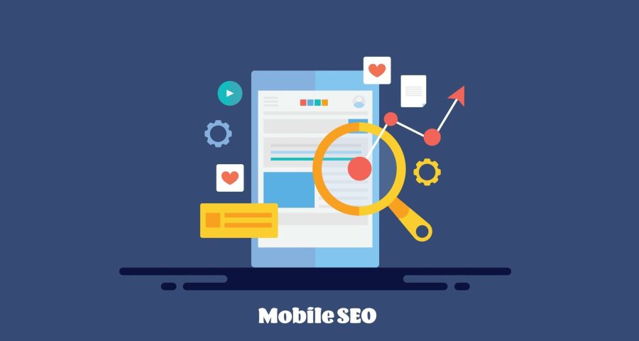 Blue image show a magnifying glass searching for mobile seo issues