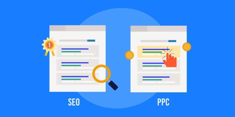 SEO & PPC blue graphic with magnifying glass and hand print