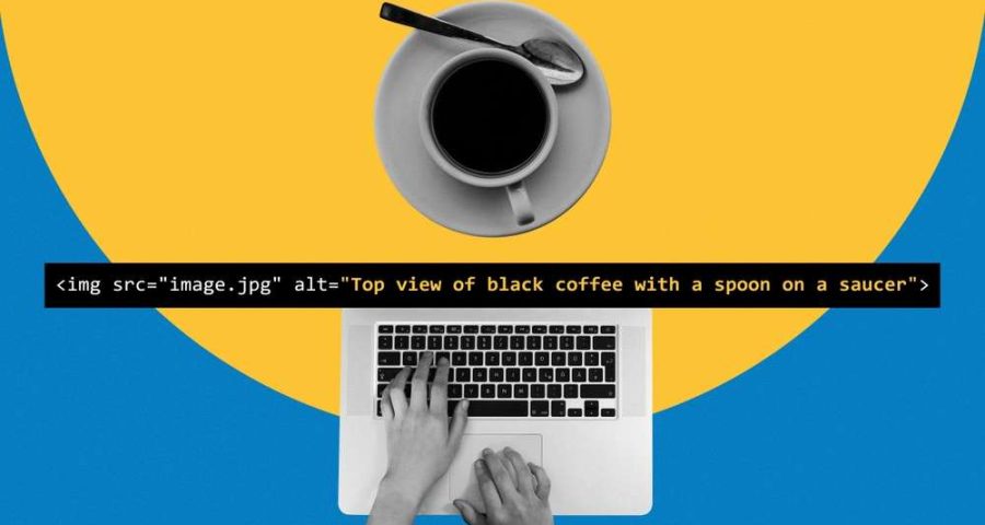 Someone typing alt text for an image of coffee on a counter