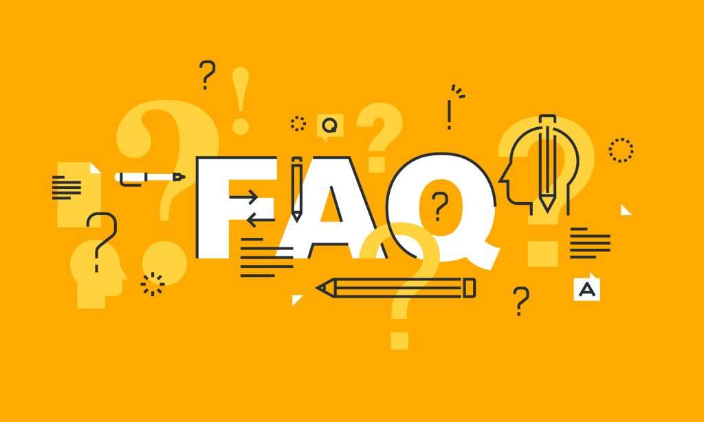 yellow FAQ graphic with question marks, pencils
