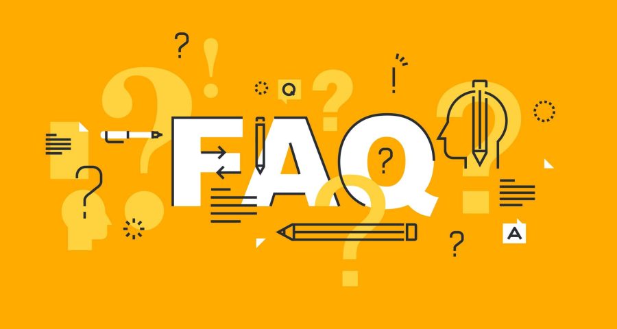 yellow FAQ graphic with question marks, pencils