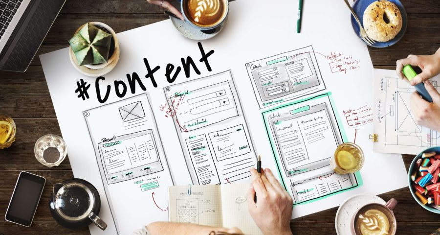 #content written on a large piece of paper with a team working on content plans