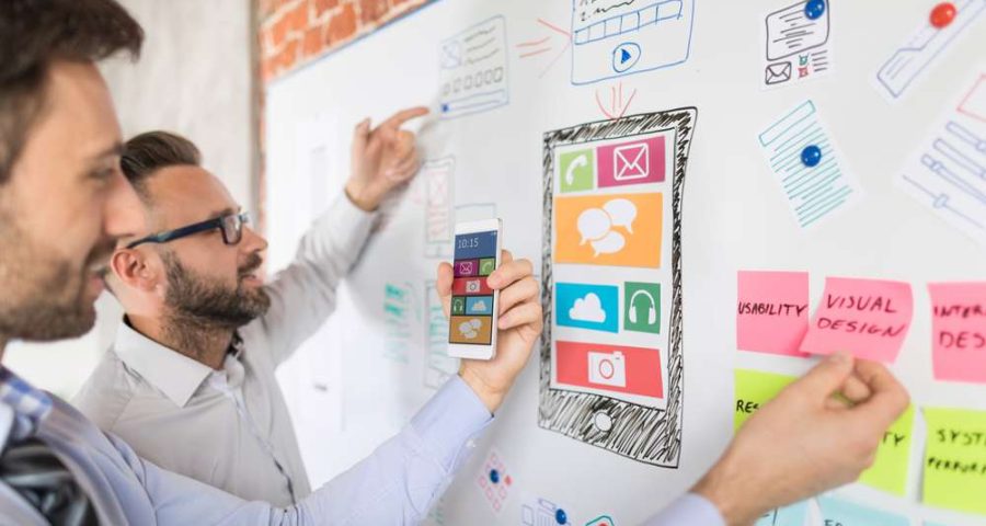 two men strategizing their social media content plan on a white board with sticky notes